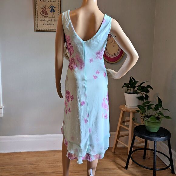 Vintage 90s Teeze Me Floral Dress Midi Watercolor Blue Cowl Jrs Size 3 - Picture 4 of 9